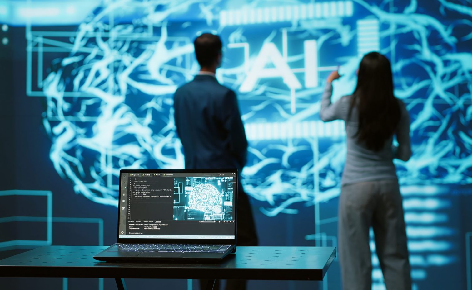 Engineers use AR tech to visualize AI neural networks brain, solving company problems. IT professionals using artificial intelligence augmented reality hologram, camera A